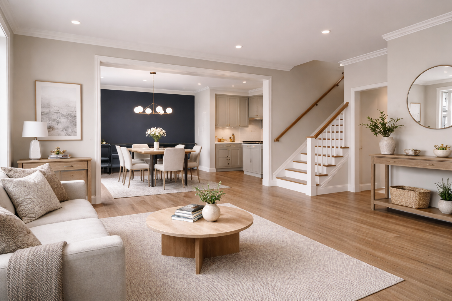 Bright open-plan living room with a cream sofa, round wood coffee table, dining area with navy accent wall, and wood staircas