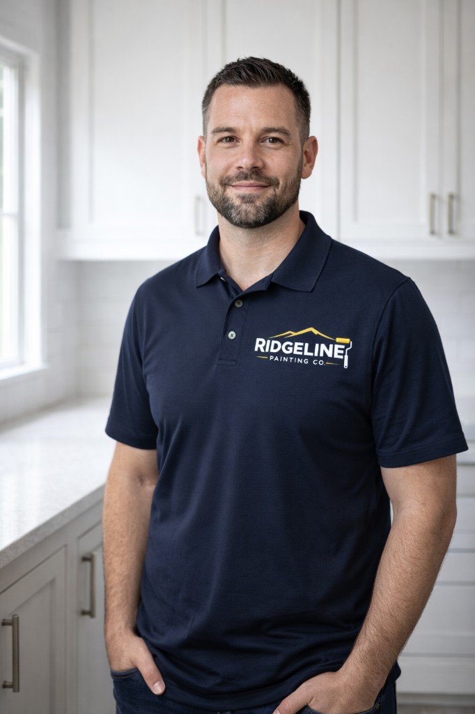 Smiling man with short dark hair and a beard, wearing a navy polo shirt with the Ridgeline Painting Co. logo, standing in a b