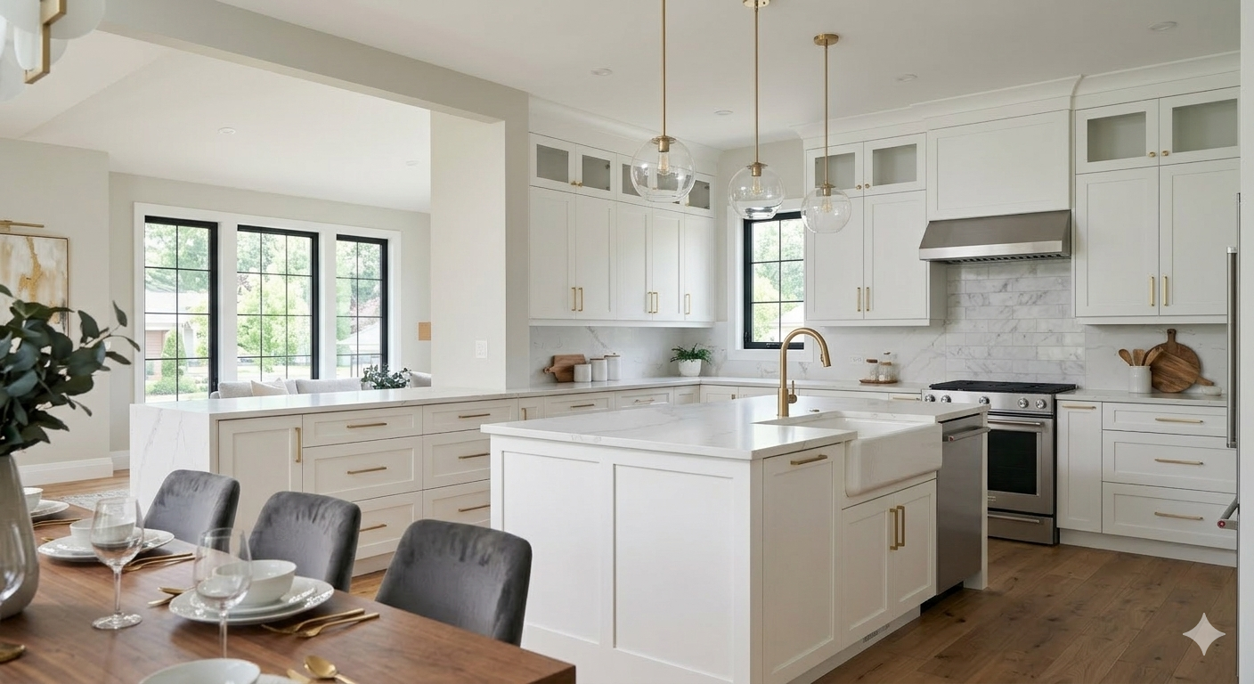 Bright white kitchen with shaker cabinets, marble backsplash, gold pendant lights, and a large island beside a set dining tab