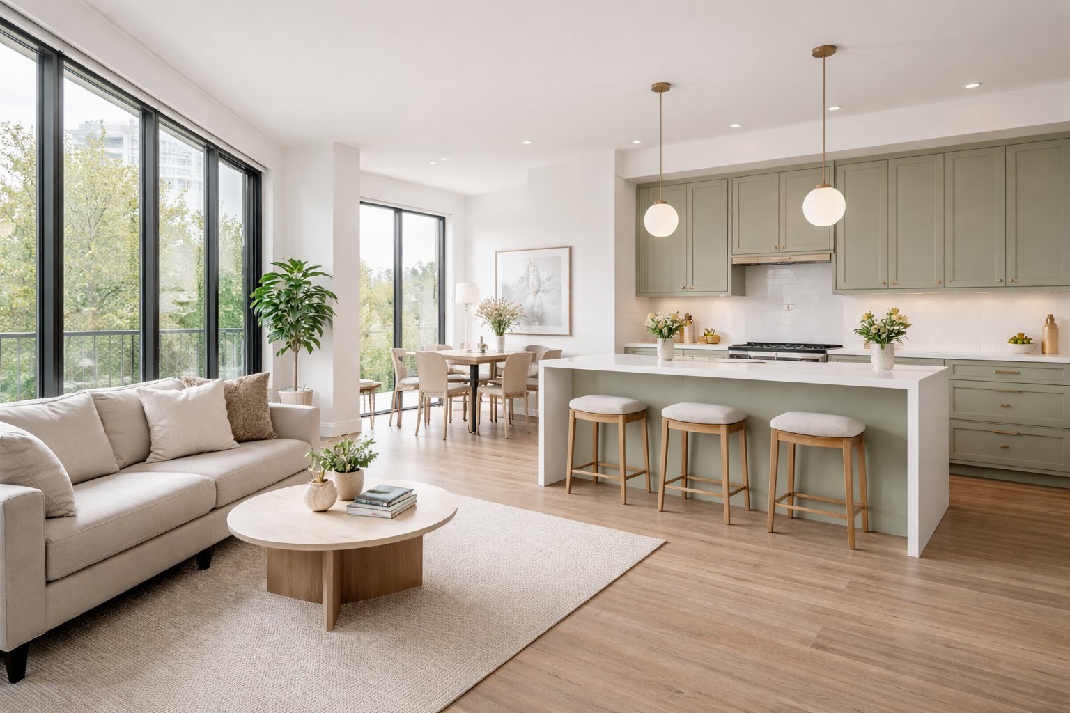 Bright open-plan living room and kitchen with sage green cabinets, a white island with wood stools, and large windows overloo
