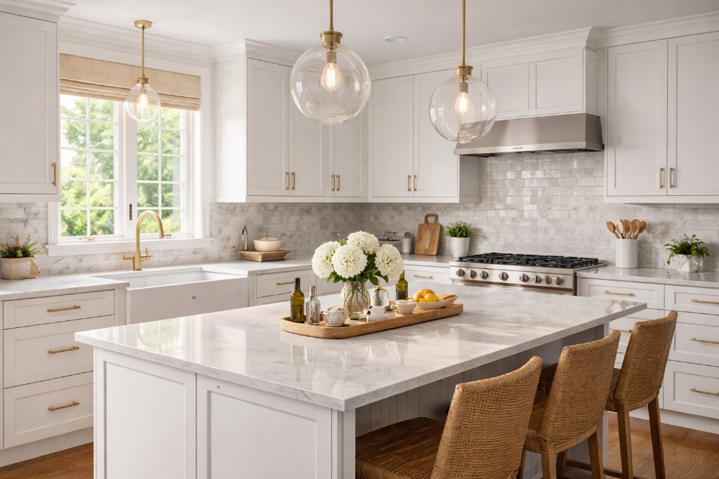 White kitchen with marble island, glass pendant lights, brass fixtures, and woven counter stools