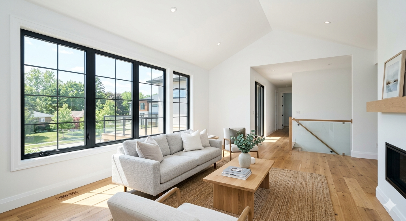 Bright living room with large black-framed windows, light grey sofa, oak coffee table, jute rug, and hardwood floors