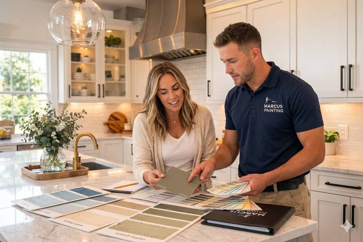 A painter in a navy polo shirt and a smiling woman review paint color swatches together on a kitchen island
