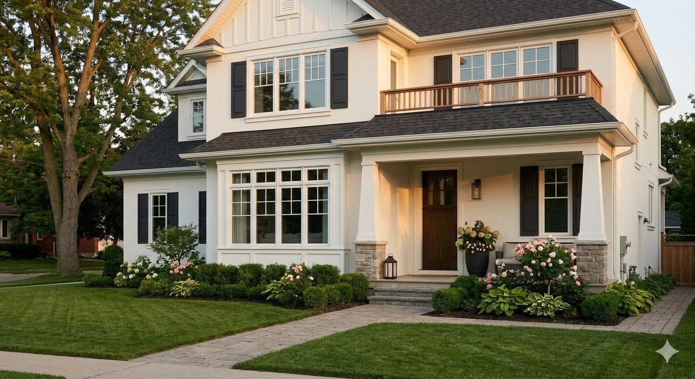 Two-story white house with dark shutters, a covered front porch with wood door, and landscaped front garden with shrubs and h