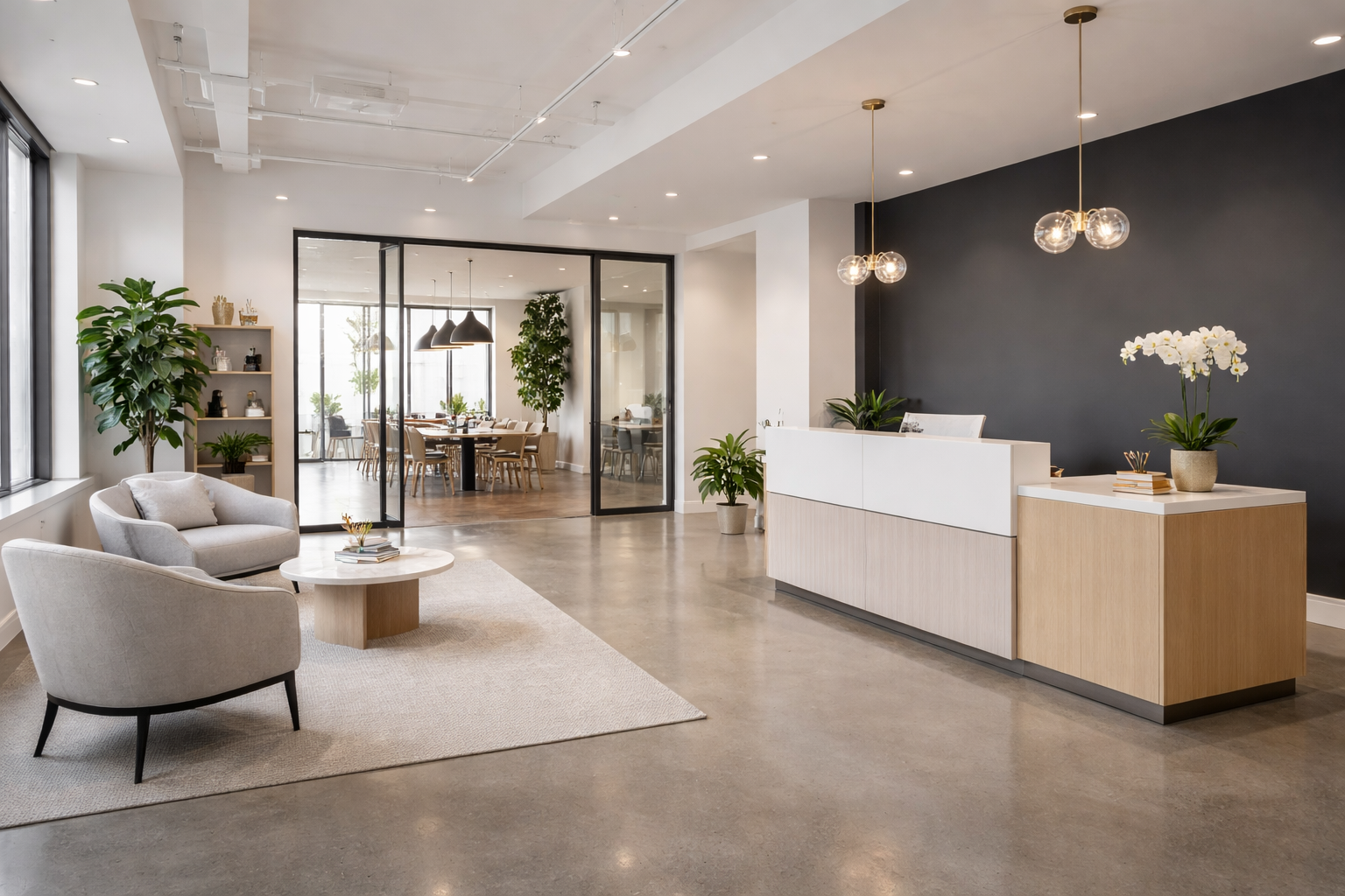 Bright modern office lobby with a light wood reception desk, grey lounge chairs, a round marble coffee table, and a glass-wal
