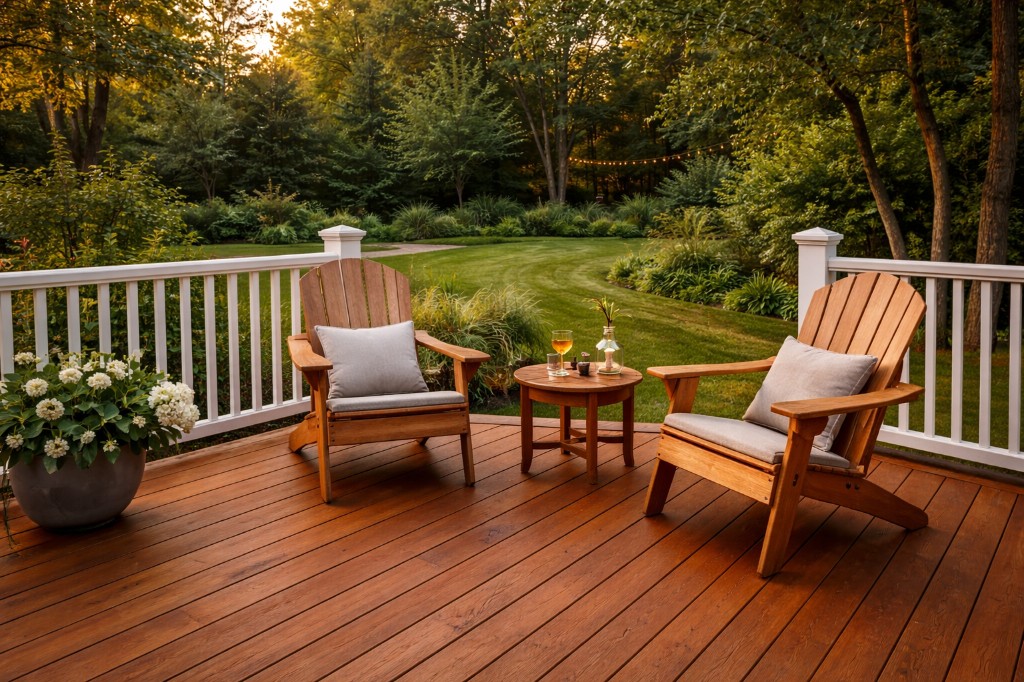 Two wooden Adirondack chairs with gray cushions on a stained deck beside a small round table, overlooking a lush green lawn a